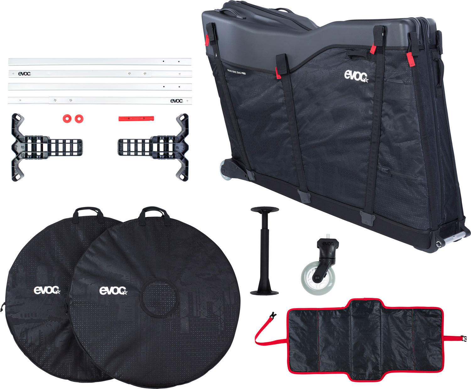 A picture of everything included in the Evoc Pro Bike Bag 