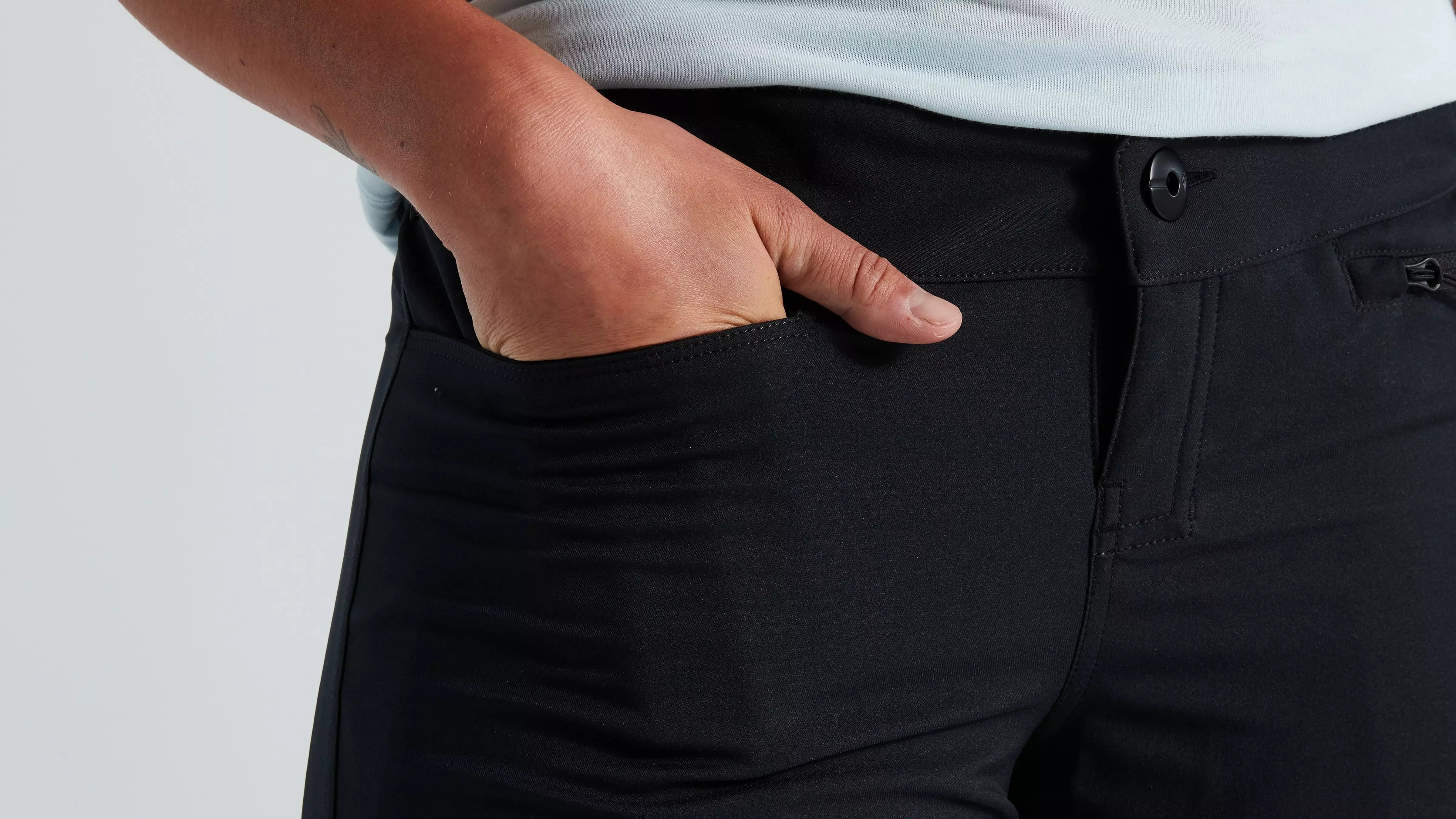 A close up picture of the pocket of women's mountain bike shorts