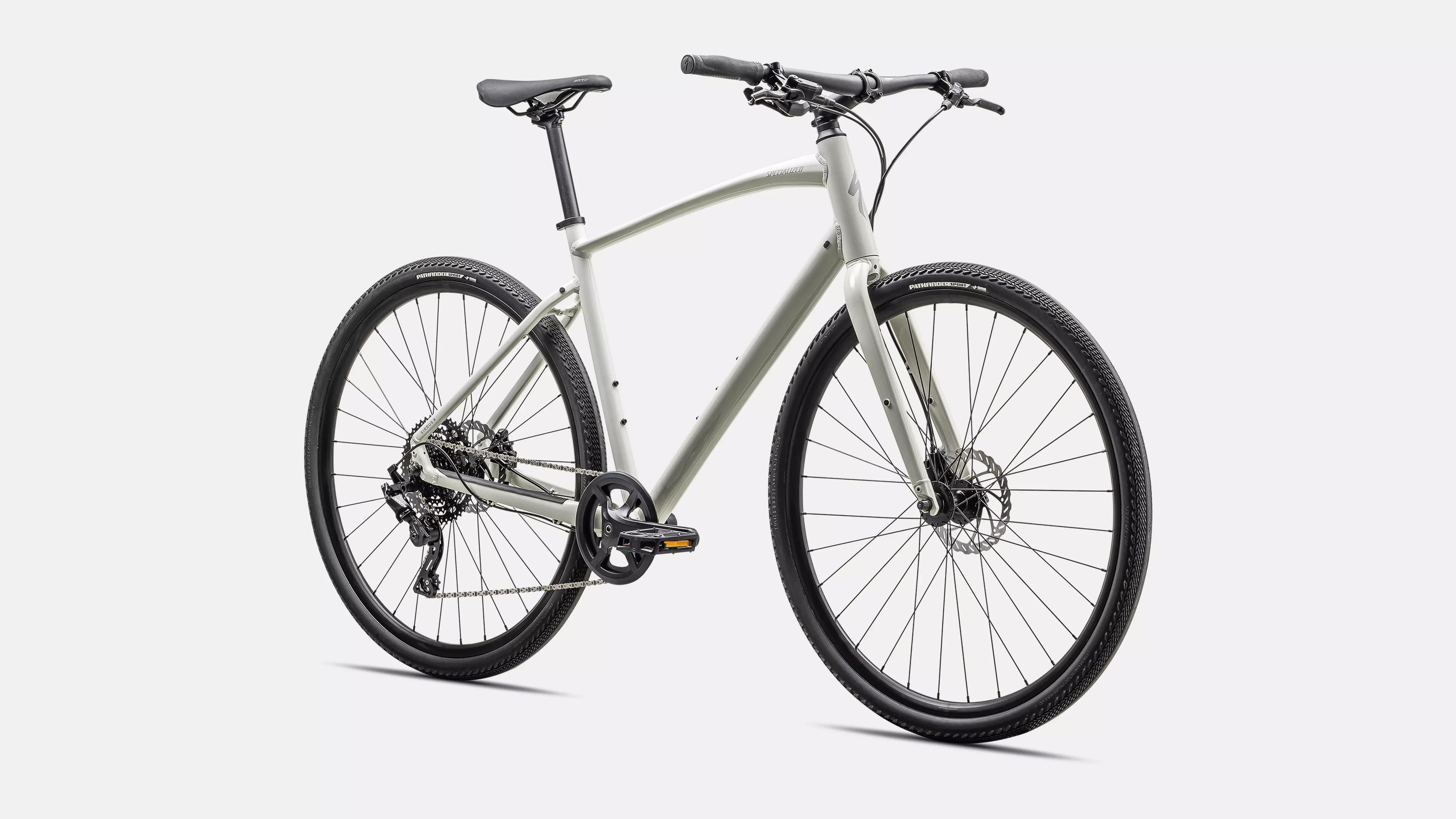 A picture of the Dune White Dove Grey Specialized Sirrus X 2.0 Hybrid Bike 2025