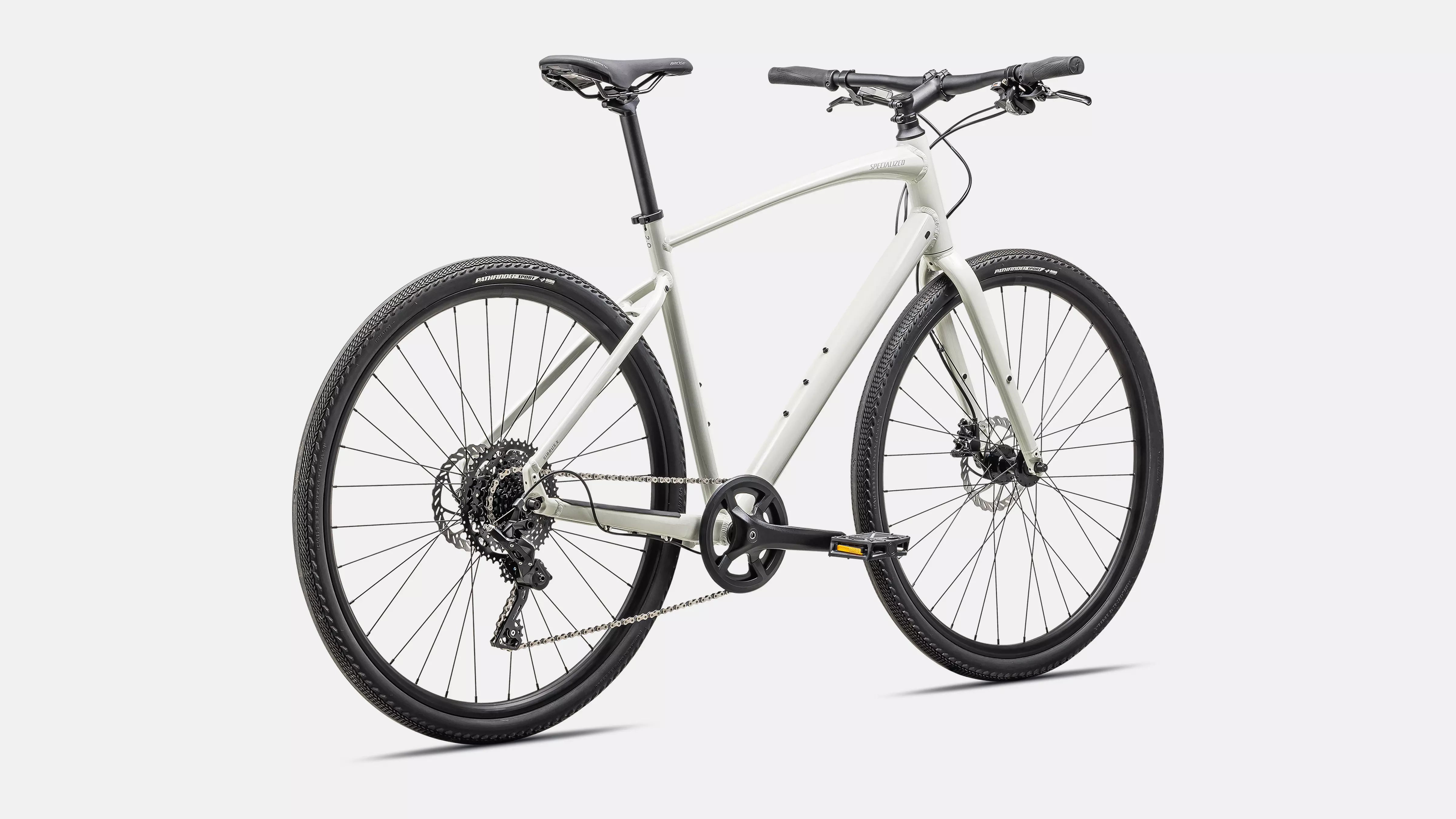 A picture of the Dune White Dove Grey Specialized Sirrus X 2.0 Hybrid Bike 2025