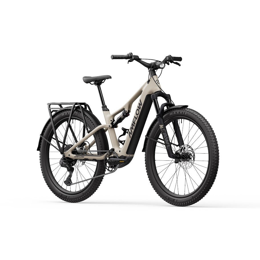 Electric AMFLOW bike with a white frame and black tyres on a white background