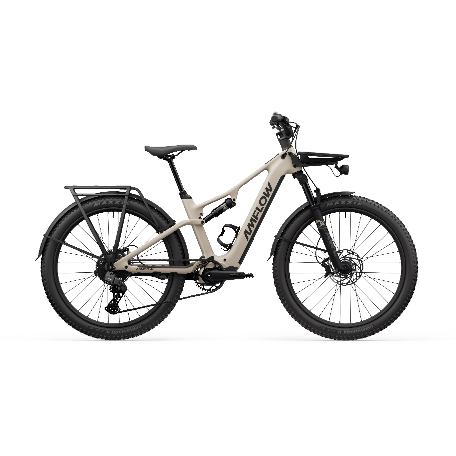 Beige AMFLOW electric bike with black components on a white background