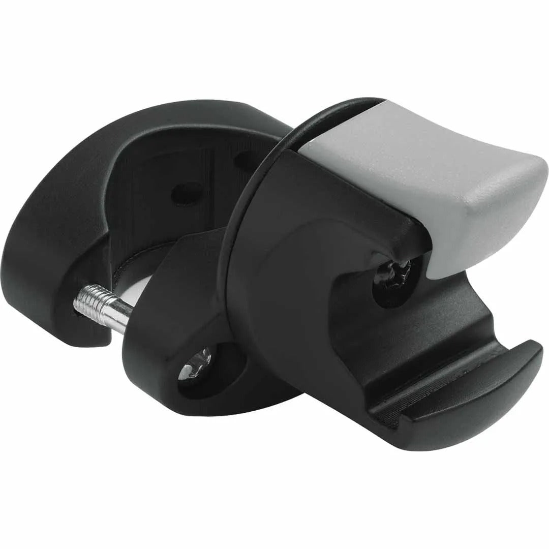 Black and gray clamp for bicycle lock on a white background