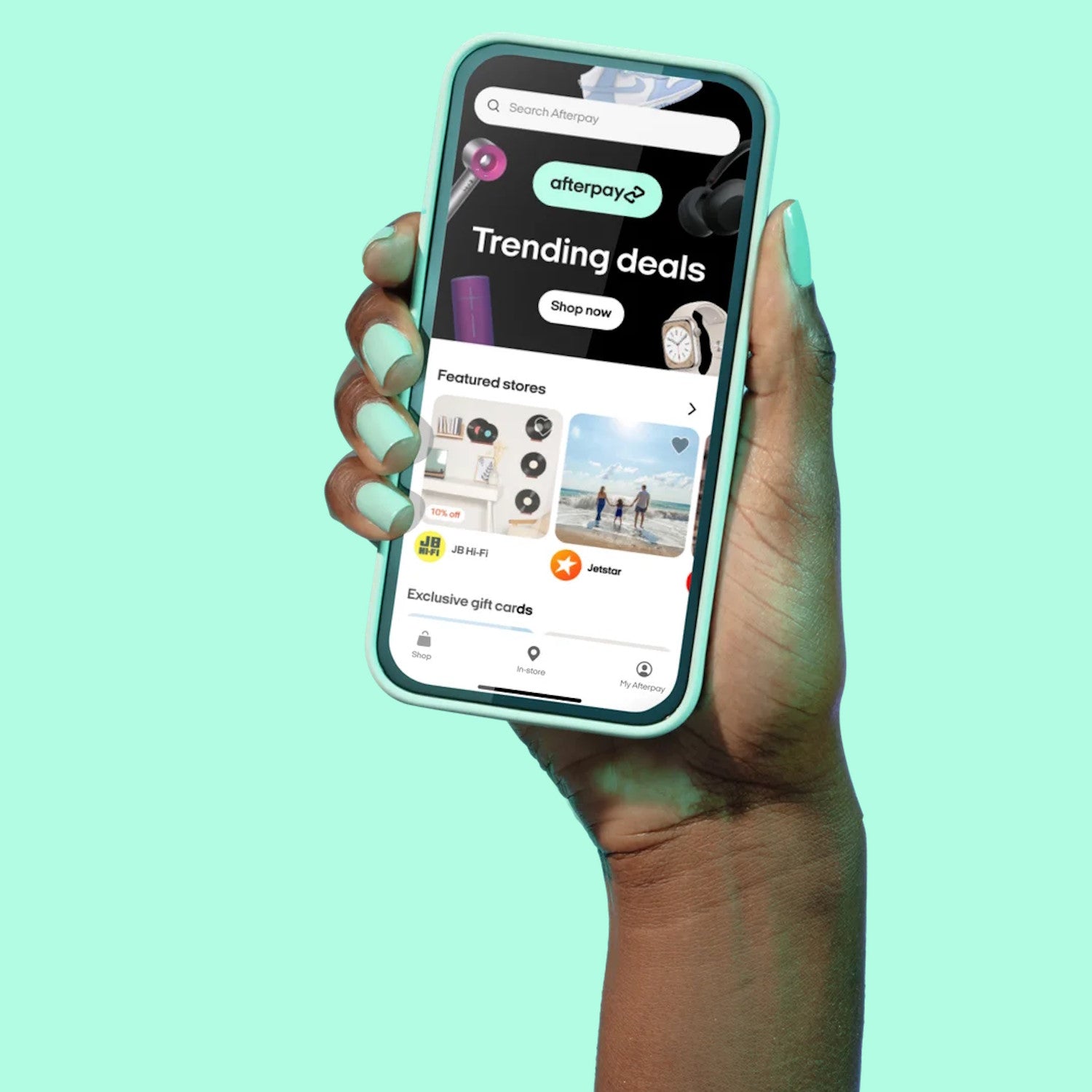 Someone holding a phone with the Afterpay app open
