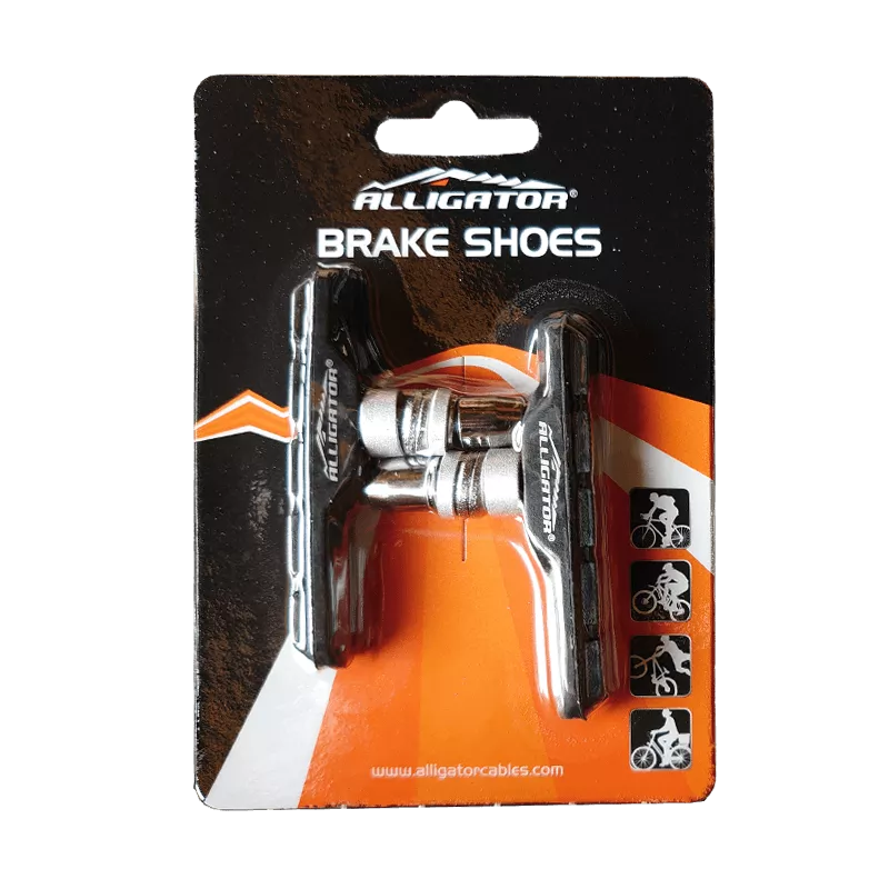 Alligator bicycle brake shoes packaging with orange and black design