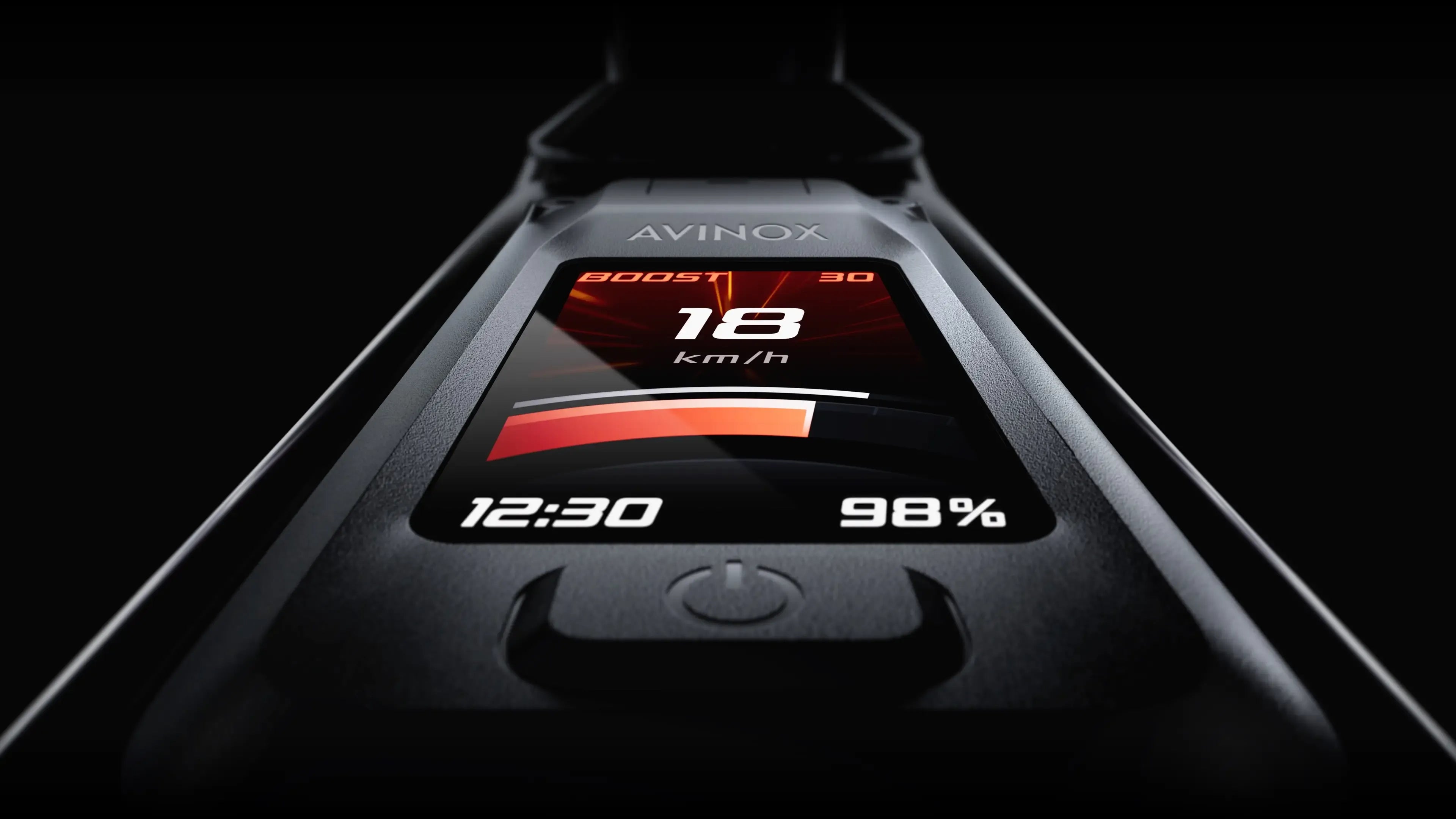 Avinox digital display on a device with various readings on a dark background