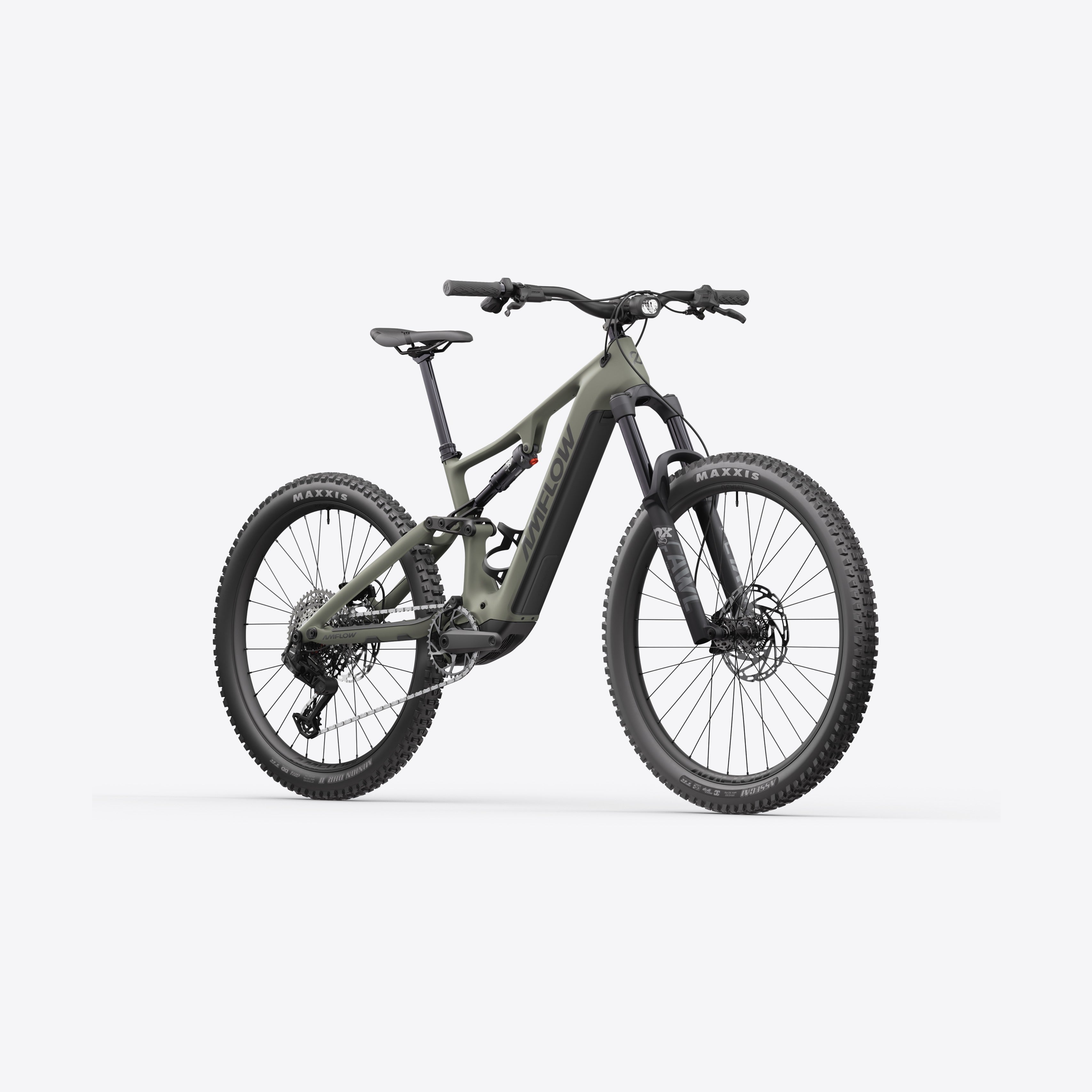 Green Amflow electric mountain bike on a white background