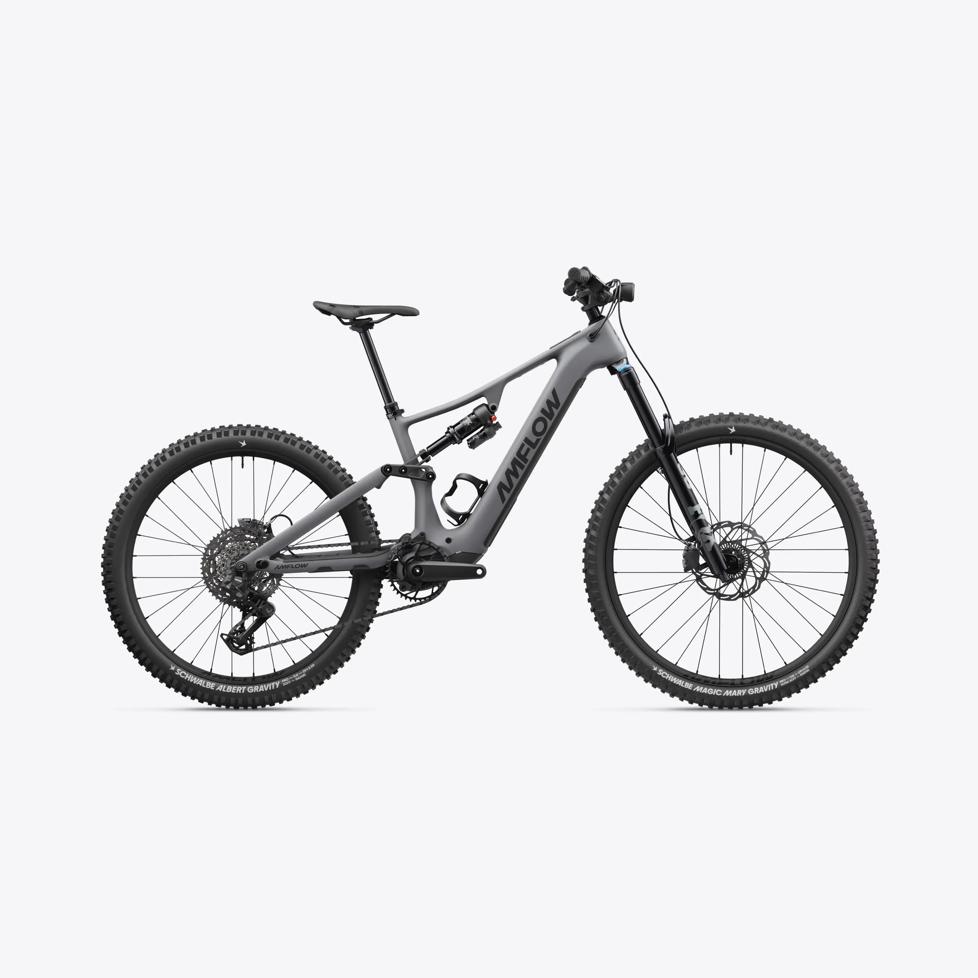 Grey Amflow electric mountain bike on a white background