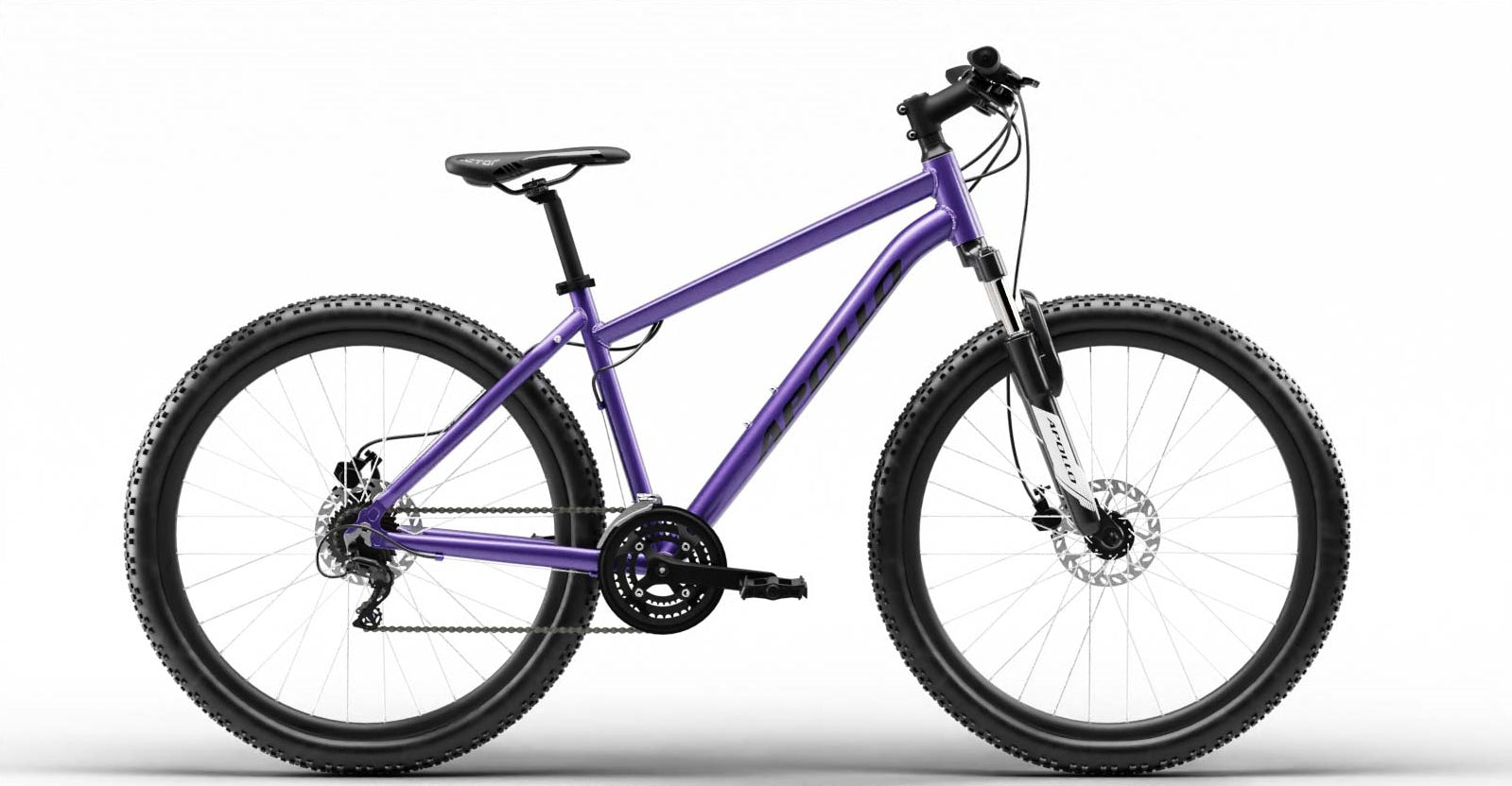 A purple Apollo mountain bike with black tyres, a black saddle, and a black handlebar, shown from a side profile on a white background.