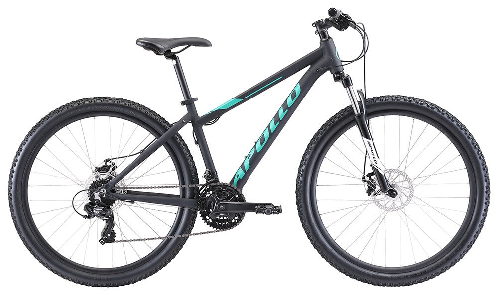 Black l mountain bike with 'Apollo' branding in a turquoise colour on the bike on a white background