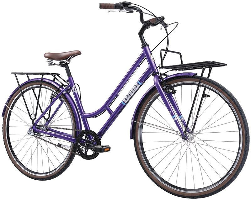 Purple Apollo Hybrid bicycle with a black seat and rear rack on a white background