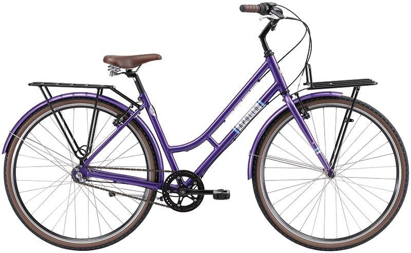 Purple Apollo hybrid step through bicycle on a white background