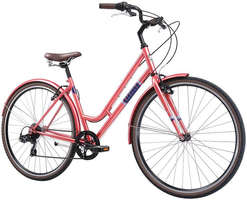 Pink Apollo Step Through Retro Vintage  bicycle with matching mudguards and a brown saddle and grips on a white background