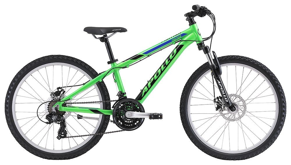 Green Kids Apollo mountain bike with black components on a white background