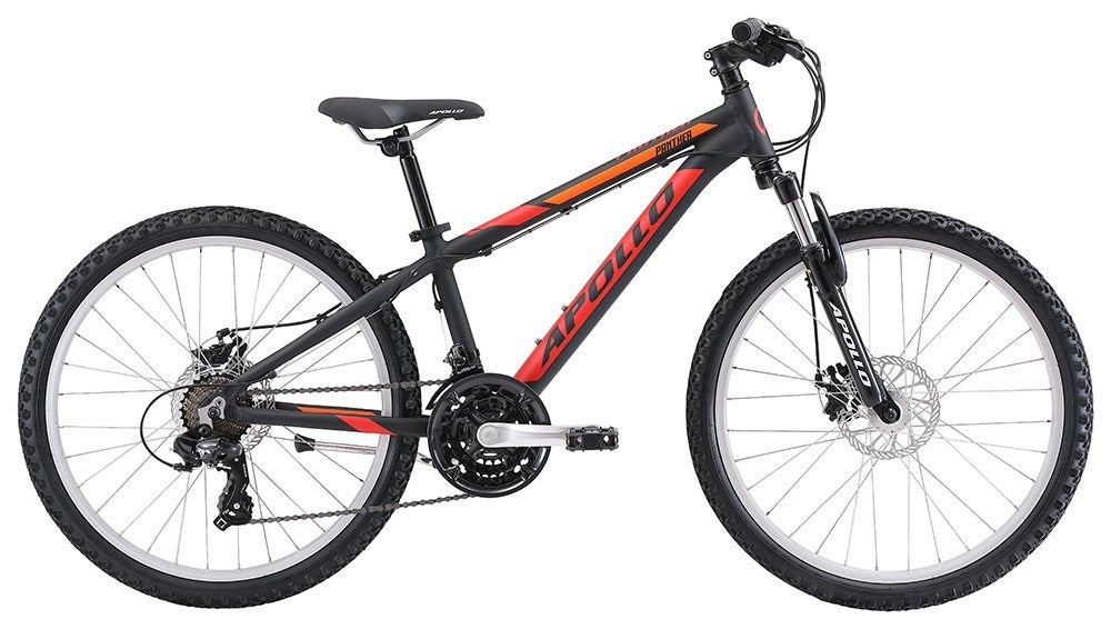 Black and Orange Kids Apollo mountain bike with black components on a white background
