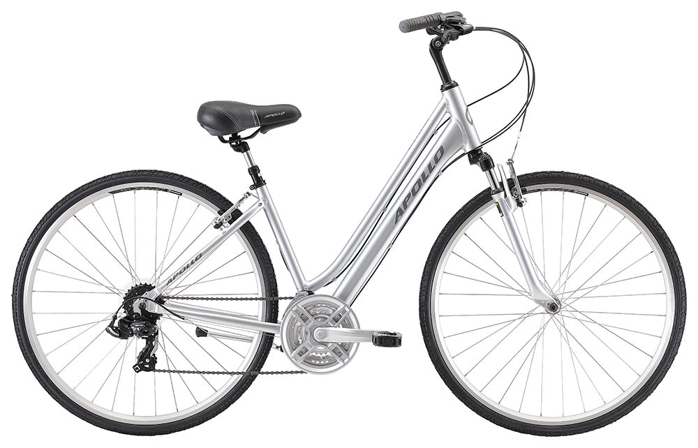 Silver womens step through hybrid bicycle on a white background