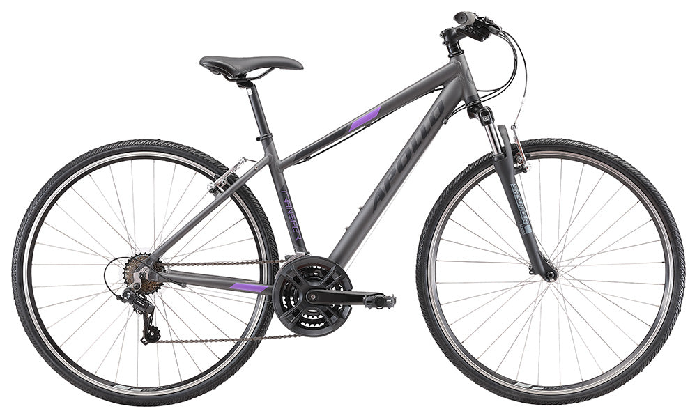Black Apollo bicycle with purple accents on a white background