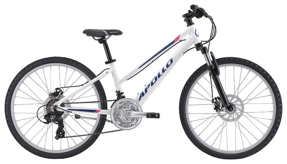 White kids mountain bike with black components on a white background, featuring the Apollo brand.