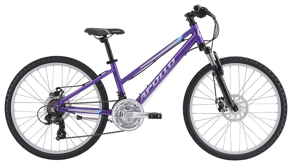 Purple Apollo kids mountain bike on a white background