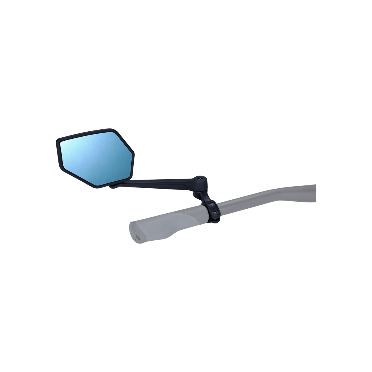 A bicycle mirror attached to handlebars against a white background
