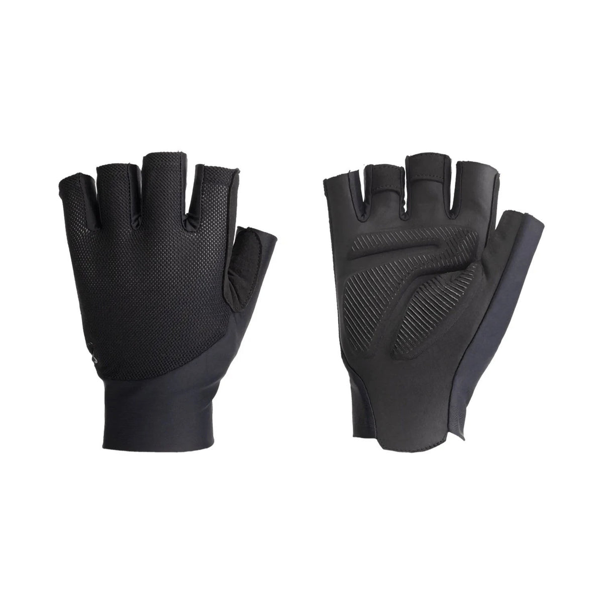 A pair of black cycling gloves one facing palm front on a white background