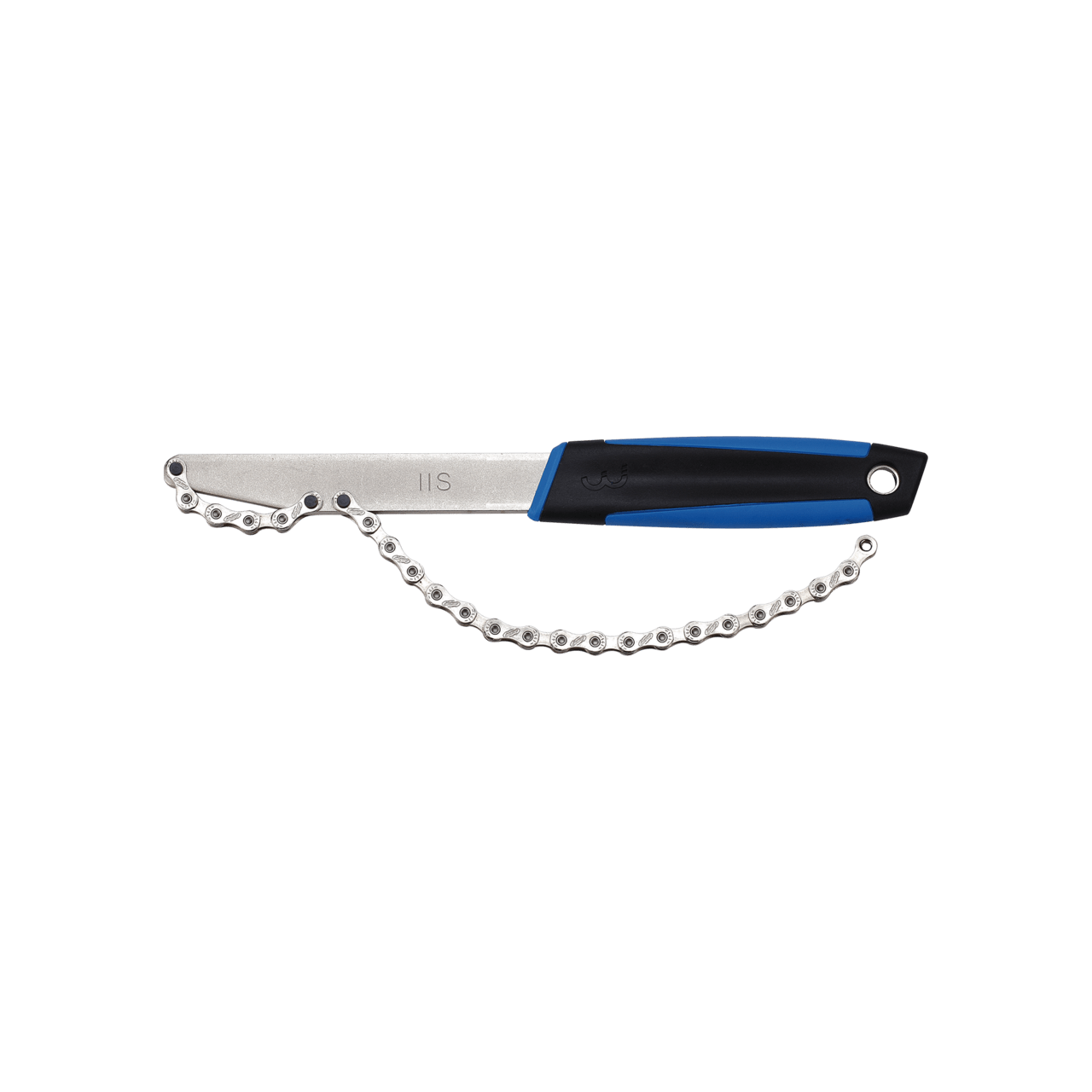 Bicycle sprocket tool with blue and black handle on a white background