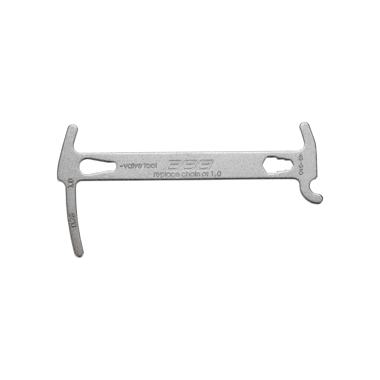 A silver bicycle chain checker against a white background