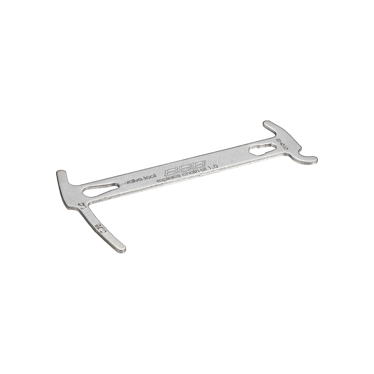 A silver bicycle chain checker against a white background