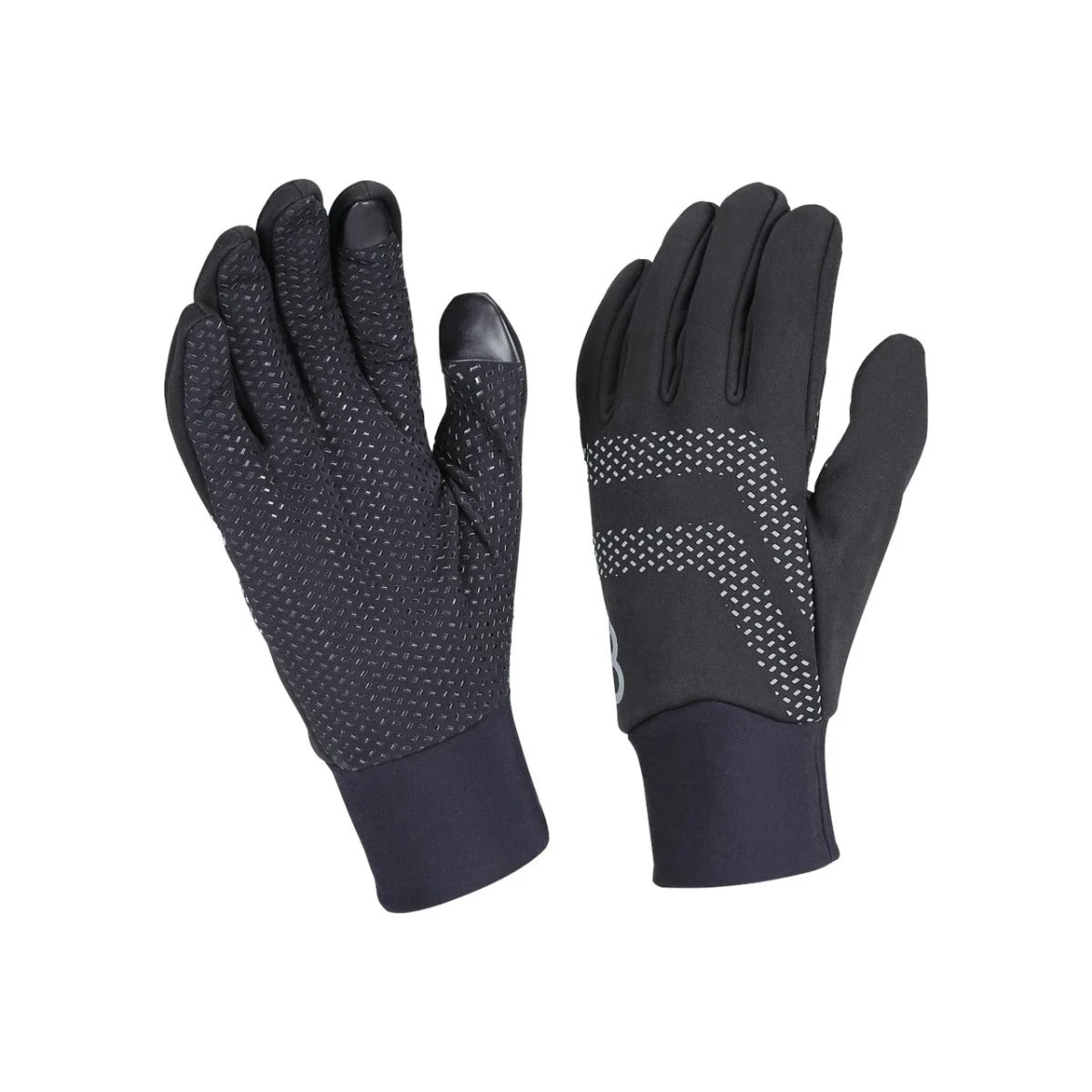 Pair of black cycling gloves with textured palm and touch screen tips on a white background