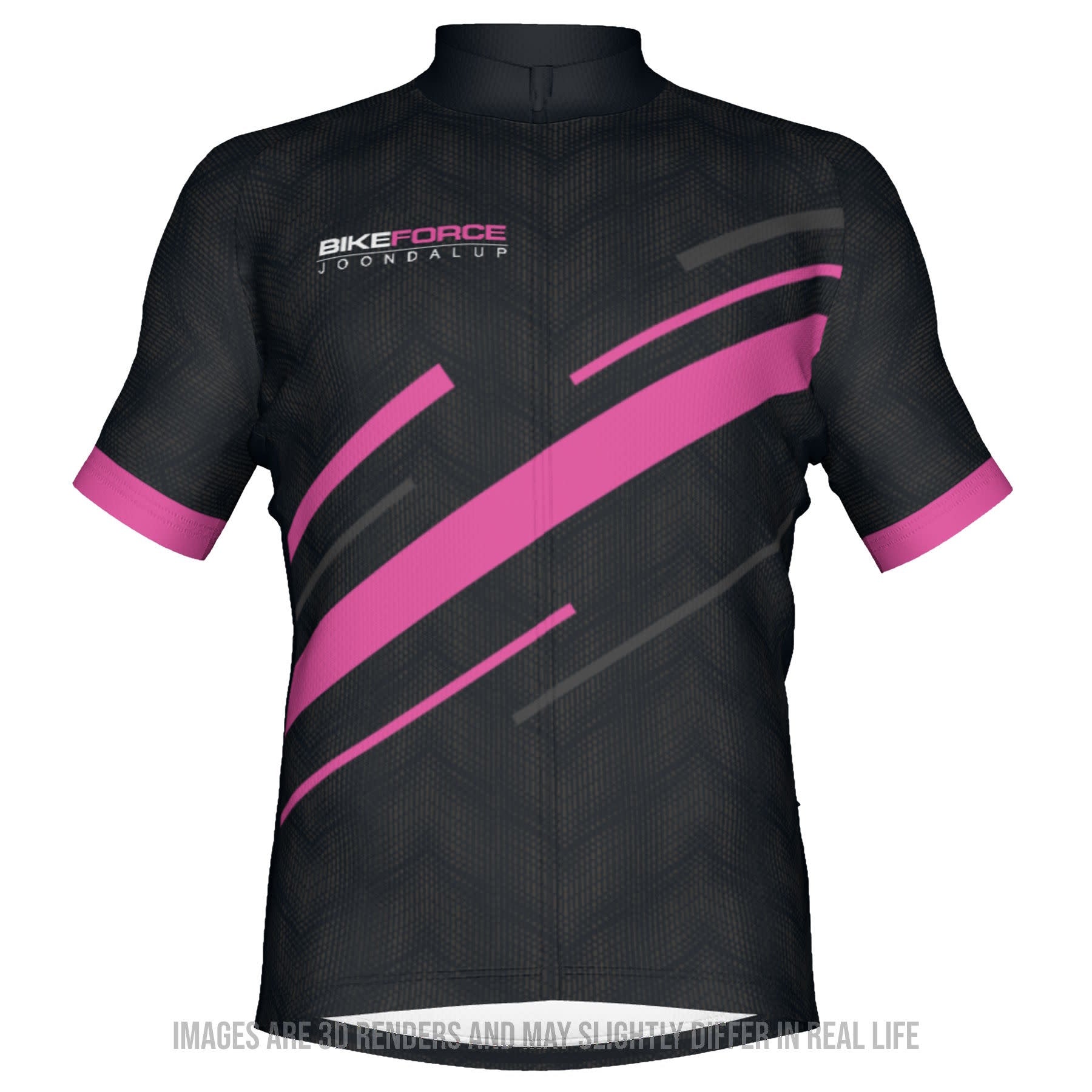 A black Bike Force Joondalup Cycling Jersey with pink and grey diagonal stripes on a white background