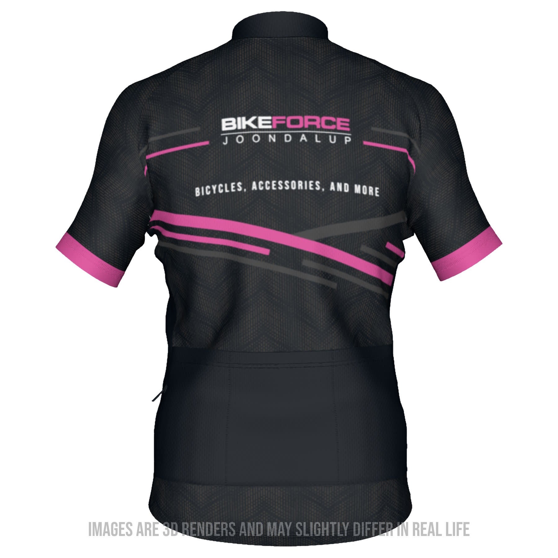 The back view of a Bike Force Joondalup Cycling Jersey with pink and grey diagonal stripes on a white background