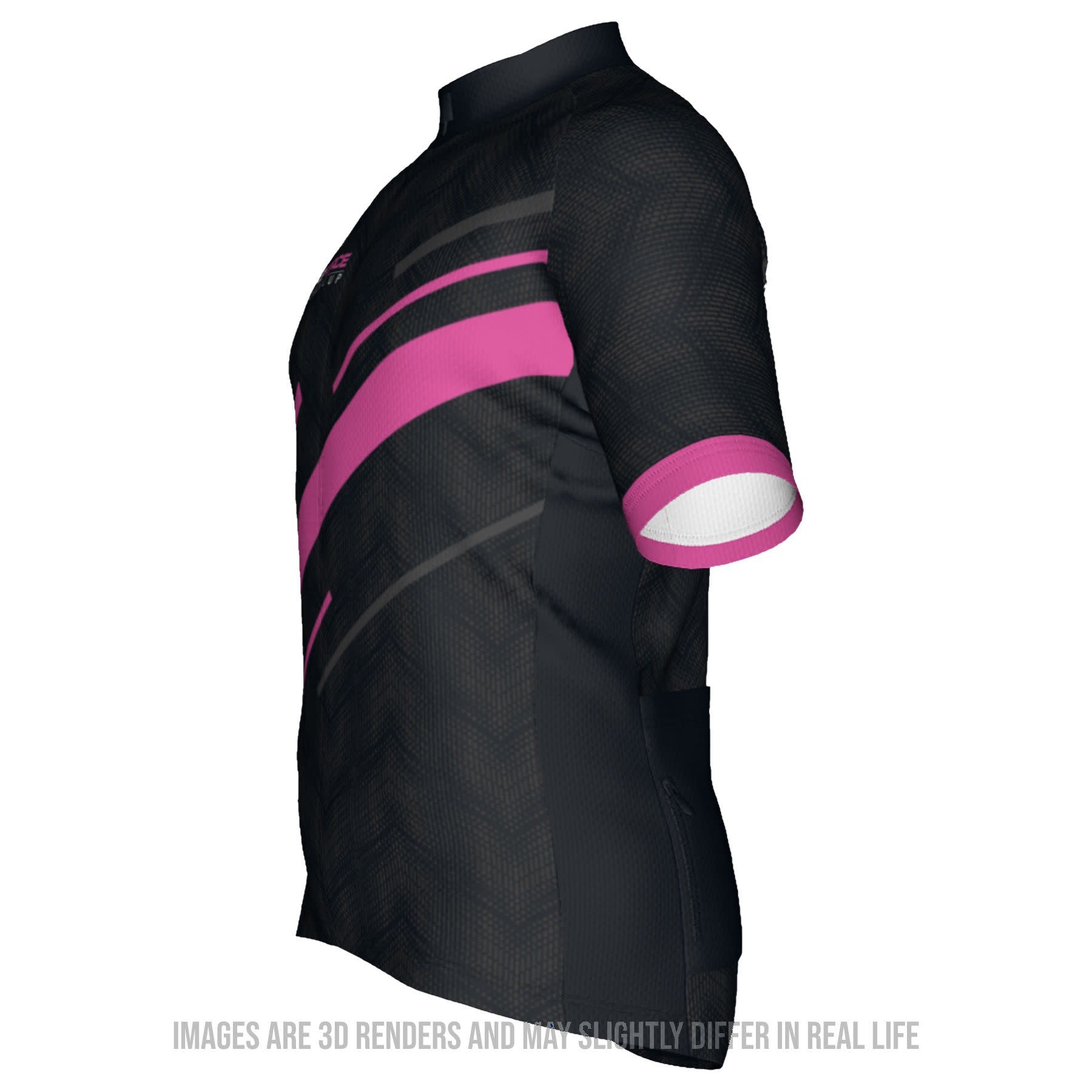 A side view of a black cycling jersey with pink sleeve ends and pink and grey diagonal stripes on a white background