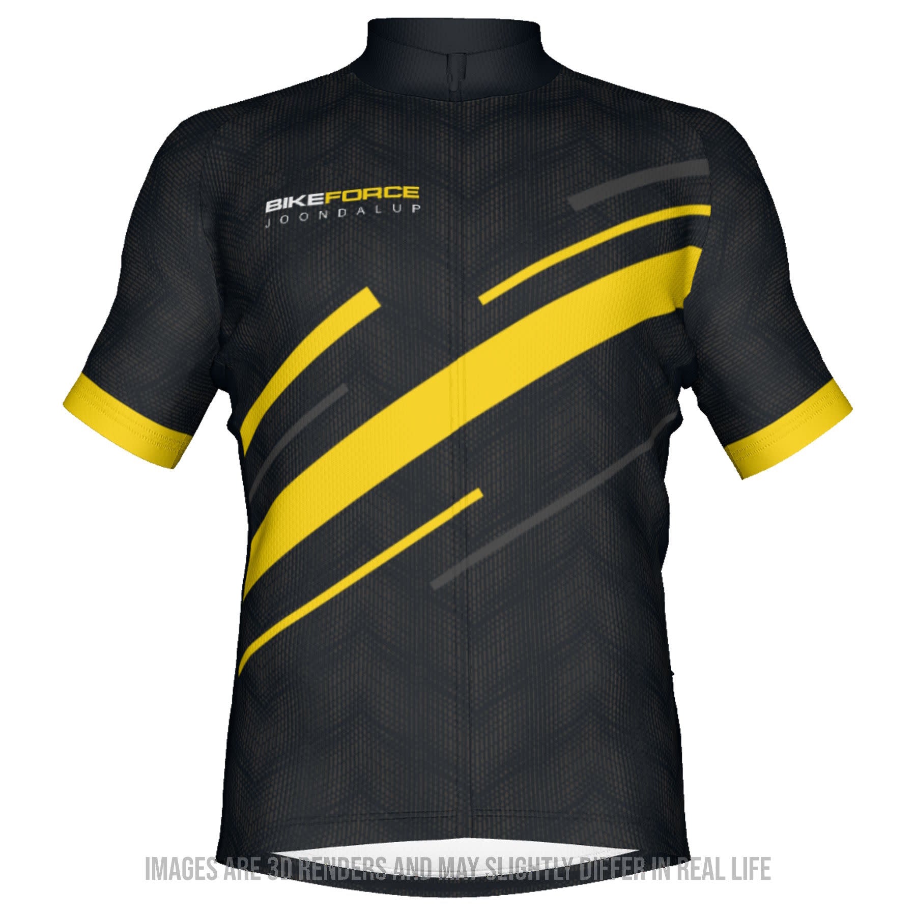 A black cycling jersey with yellow and gray accents, short sleeves, and a crew neck design. The jersey features the text 'Force Cycle Crew' and the logo 'Bikeforce Joondalup on a white background