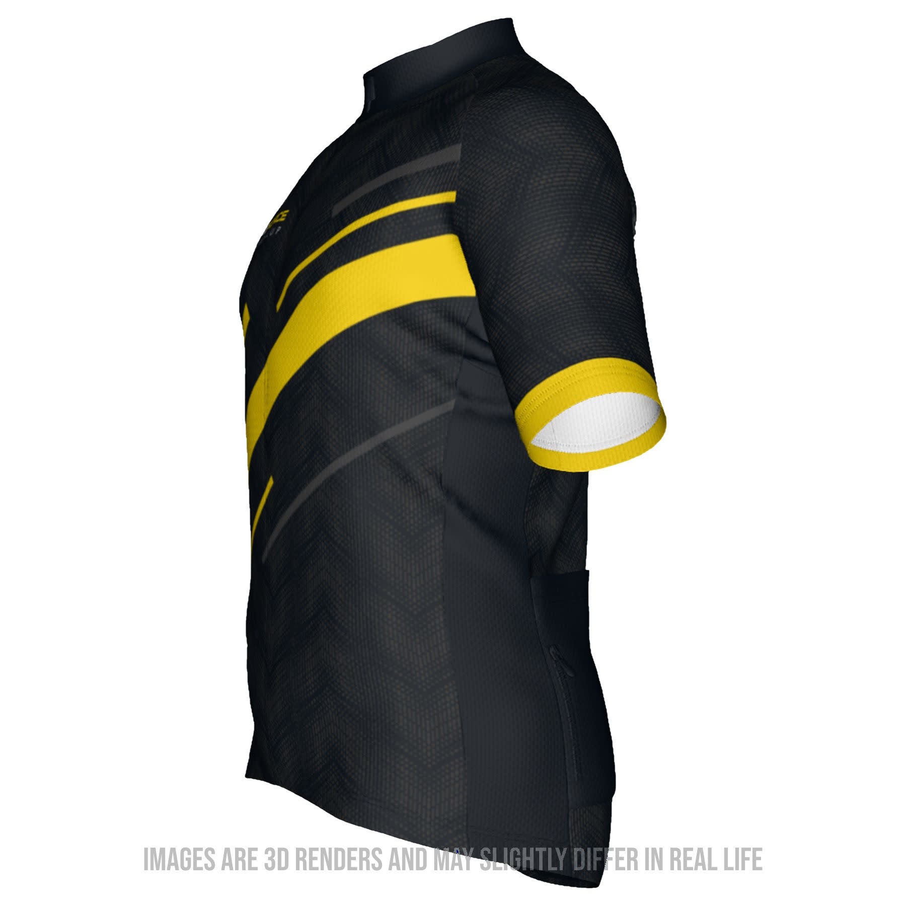 A side view of a black cycling jersey with yellow sleeve ends and diagonal yellow and grey stripes on a white background