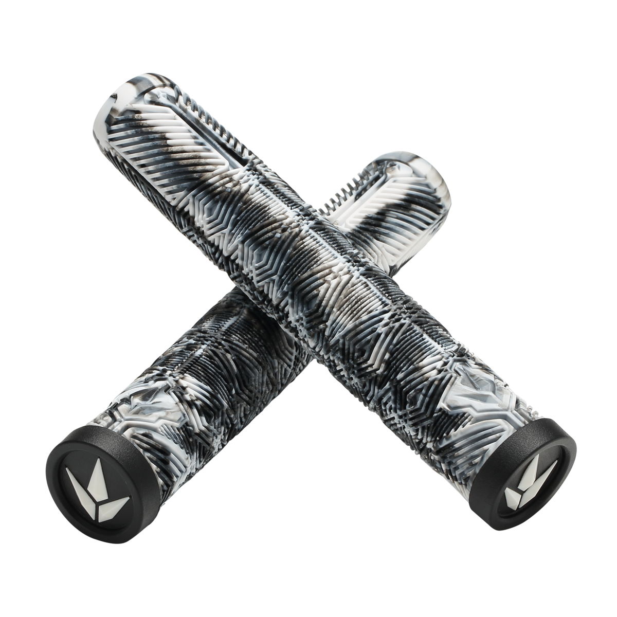 Pair of black and white patterned grips on a white background