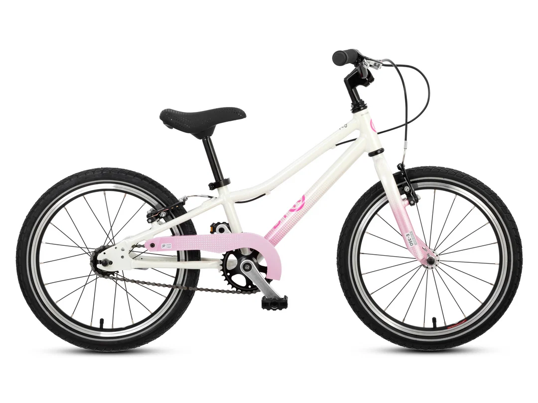 A children's BYK bicycle with a white frame and pink accents, featuring black tyres, a black saddle, and black handlebars, shown against a plain white background.