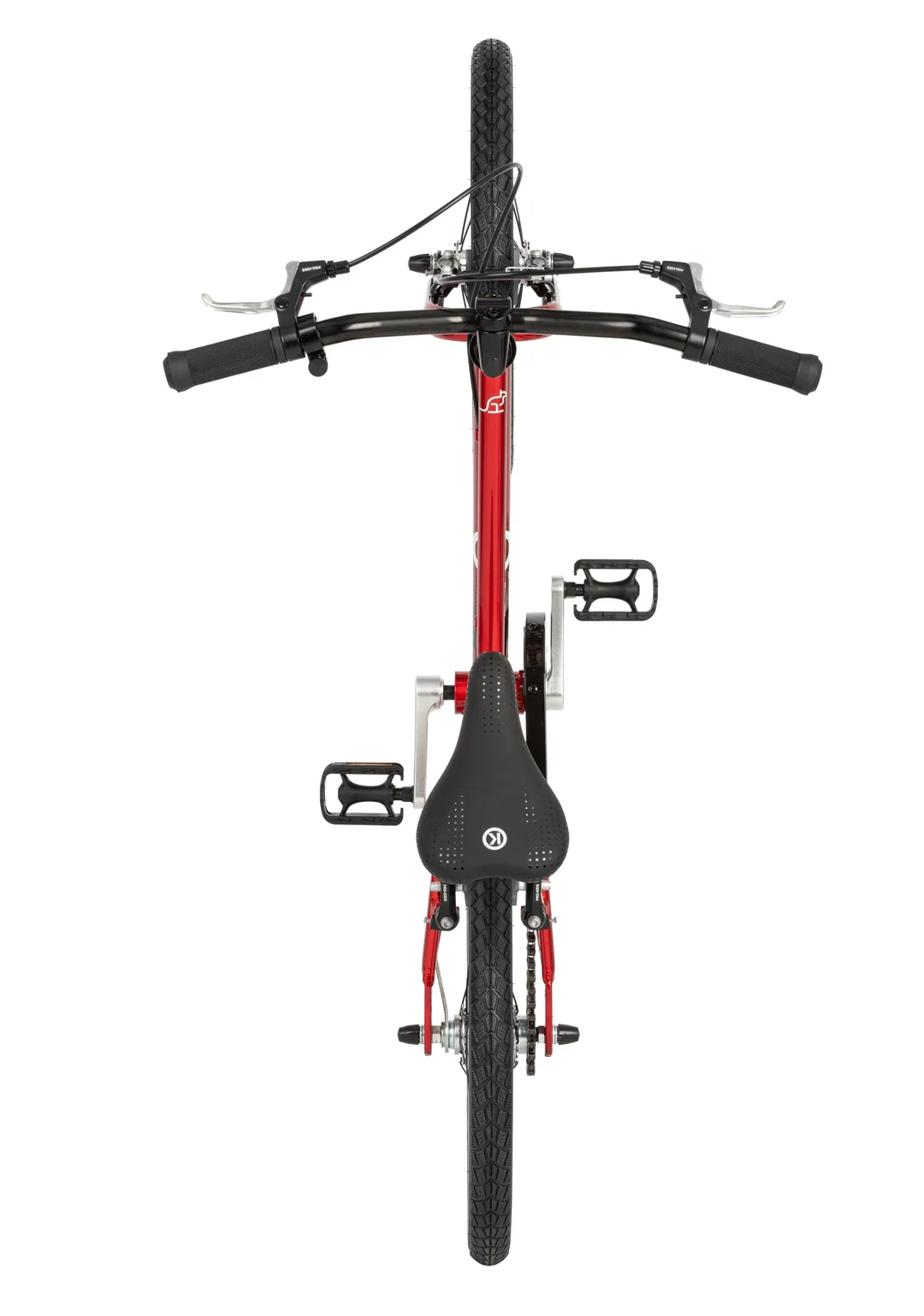 A red and black kids bicycle viewed from a straight-on top-down angle, featuring a red frame, black handlebars, black saddle, and black tyres, set against a plain white background.