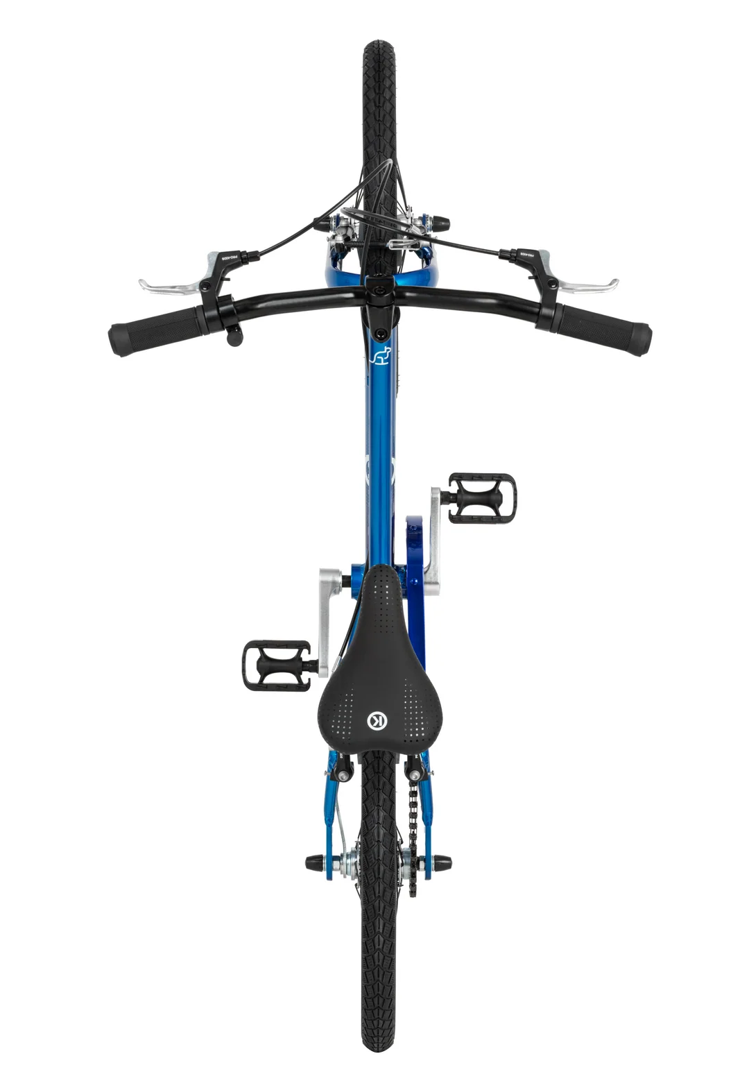 A top-down view of a blue and black Kids Hybrid Bike against a solid white background.