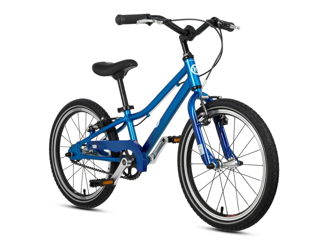 A BYK kids' bicycle with a metallic blue frame, black handlebars, a black saddle, and black tres with silver rims, shown on a clean white background.