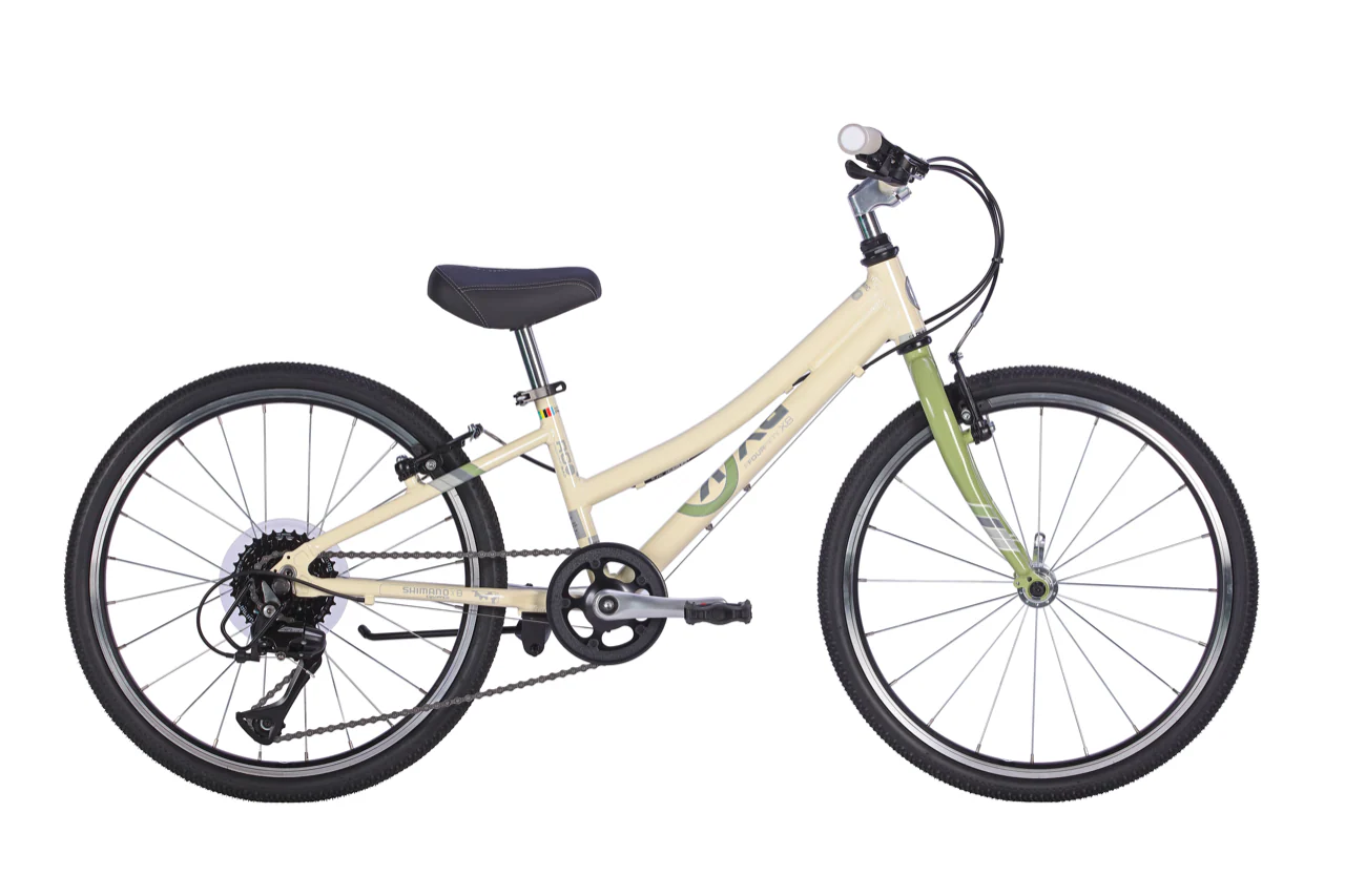 Beige and green BYK kids hybrid bike on a white background
