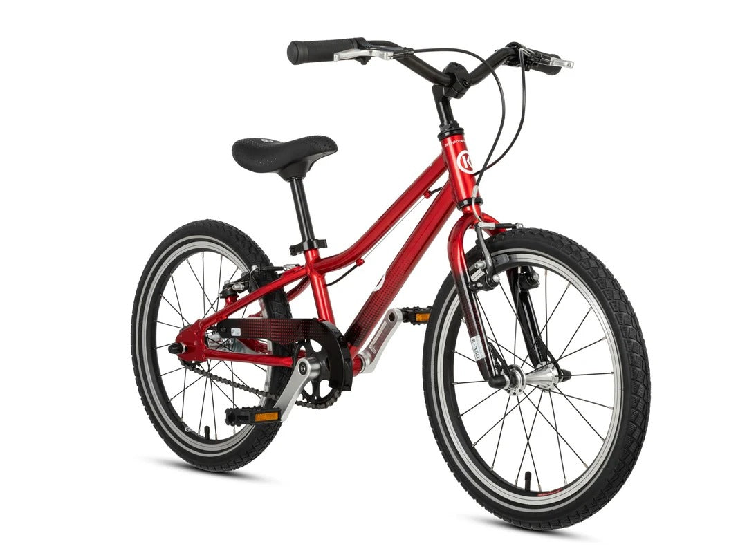 A red kids' BYK bicycle with black tires, a black saddle, and black handlebars, shown from a three-quarters angle on a white background.