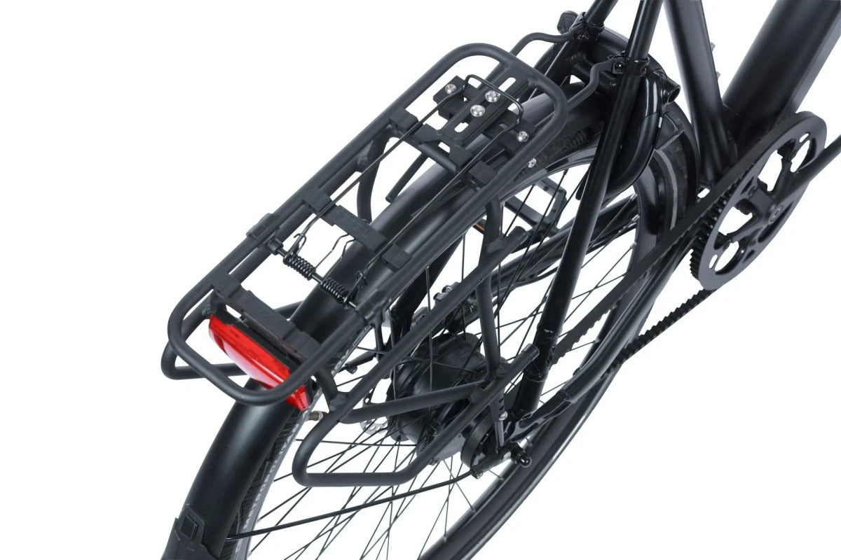 A close up of a black rear pannier rack on a bicycle on a white background
