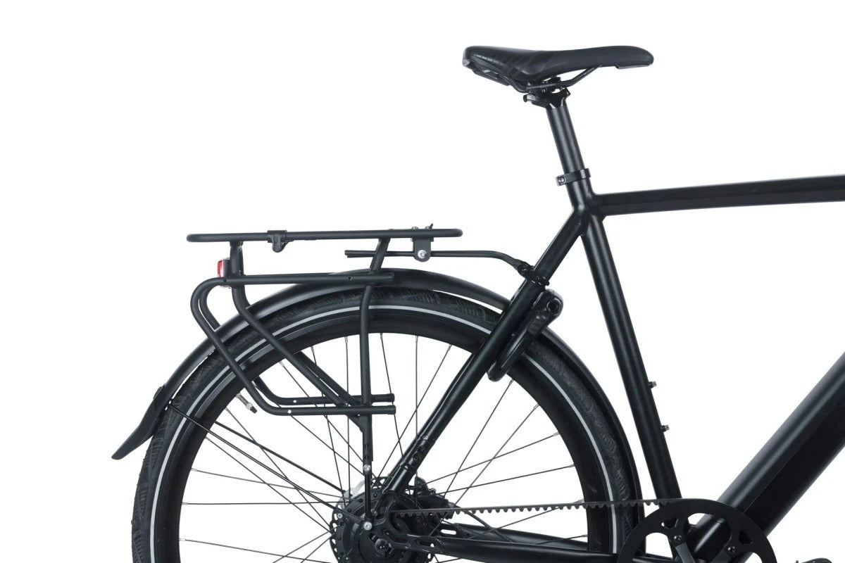 A close up of a rear pannier rack on a bike with a rear mudguard on a white background