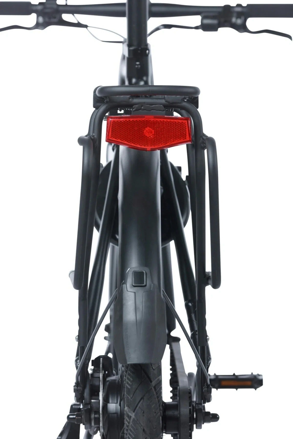 A close up of a rear view of a black bicycle carrier rack mounted on a bike with a white background