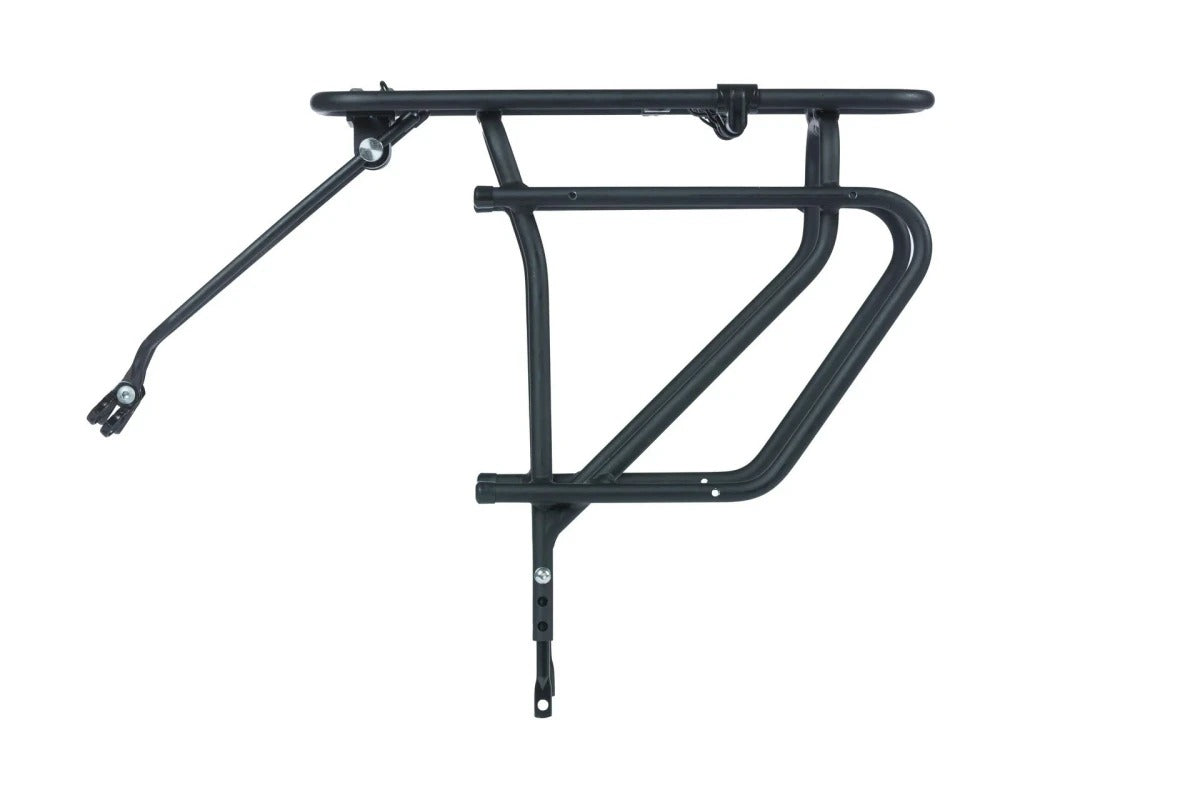 A side view of a bicycle pannier rack on a white background