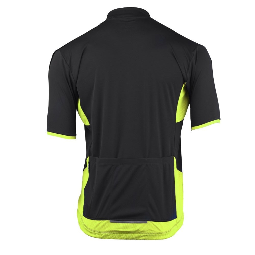 A rear view of a black cycling jersey with fluro green highlights on a white background