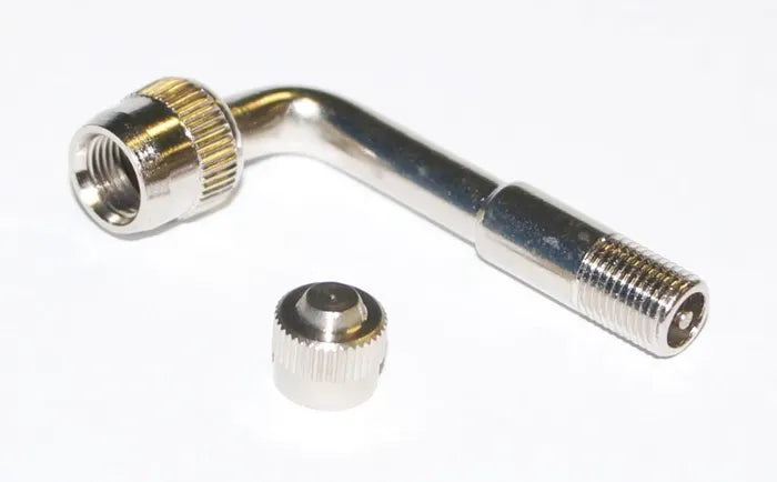 Silver bent Valve Adapter for bicycle on a white background