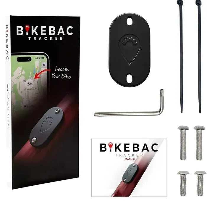 A picture of the Bikebac Bike Tracker and everything included in the box on a white background