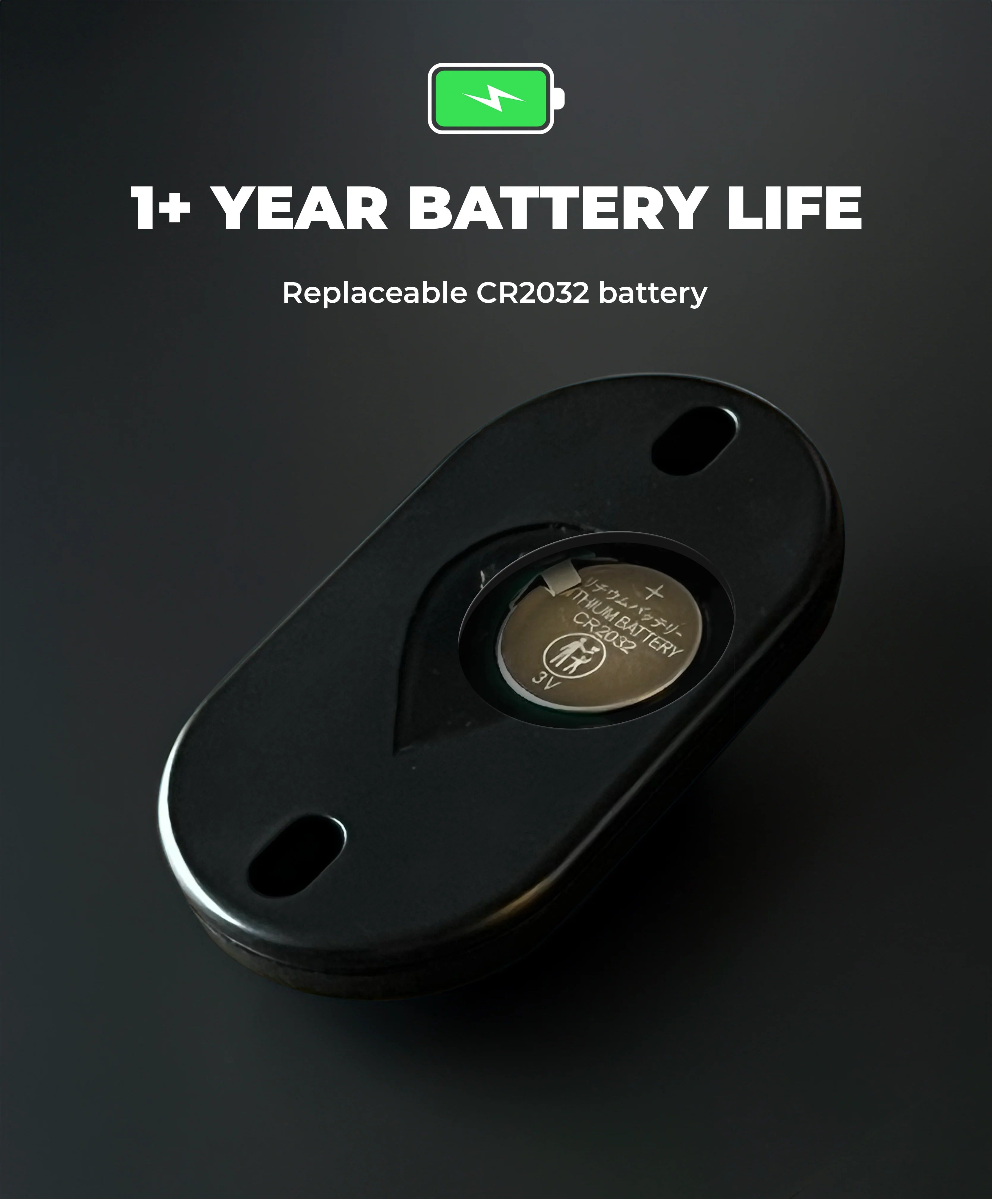 Bikebac Bike Tracker device with a replaceable CR2032 battery on a dark background, highlighting battery life feature.