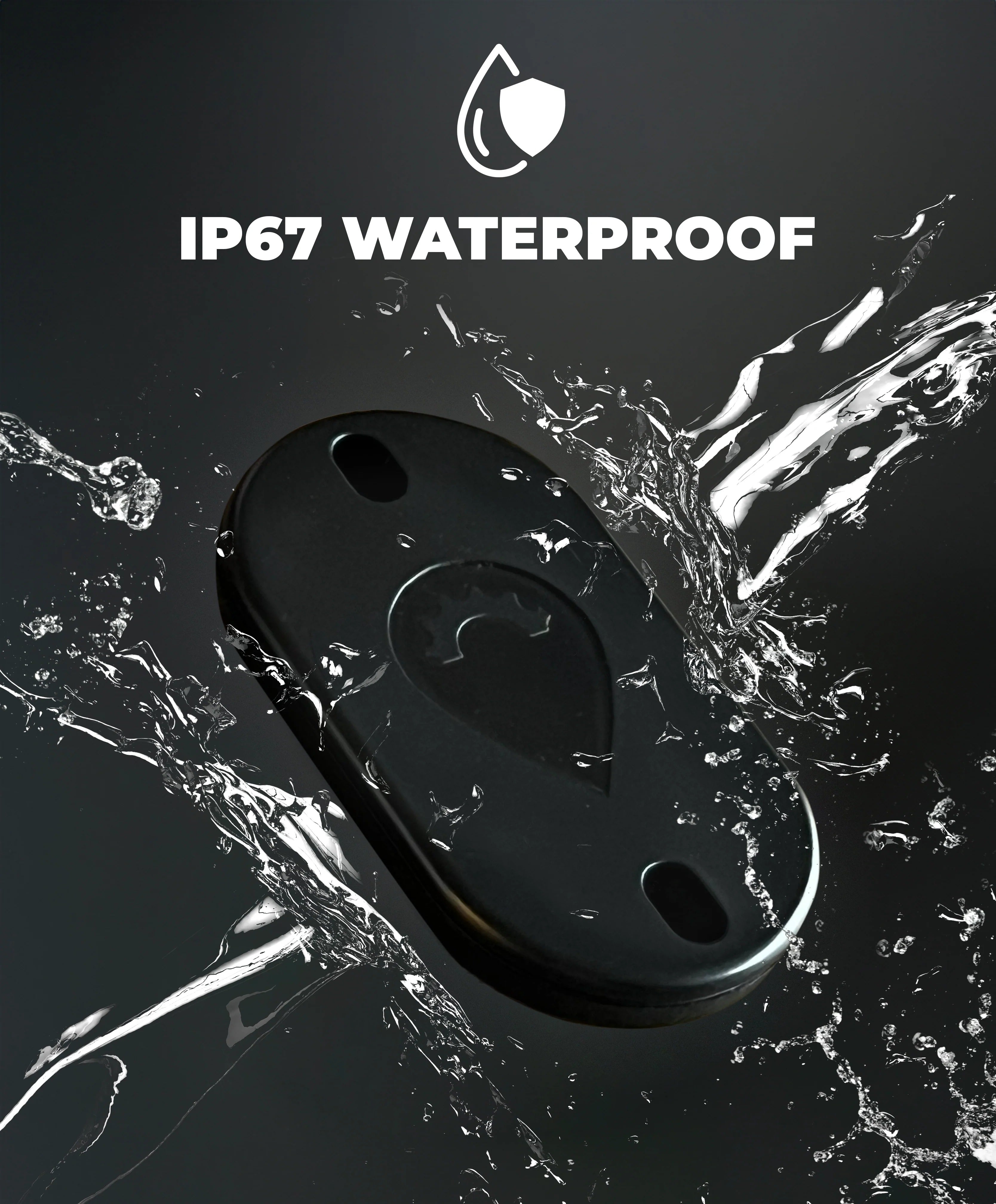 A picture showing water splashed onto the Bikebac Bike Tracker with IP67 Waterproof printed across the picture